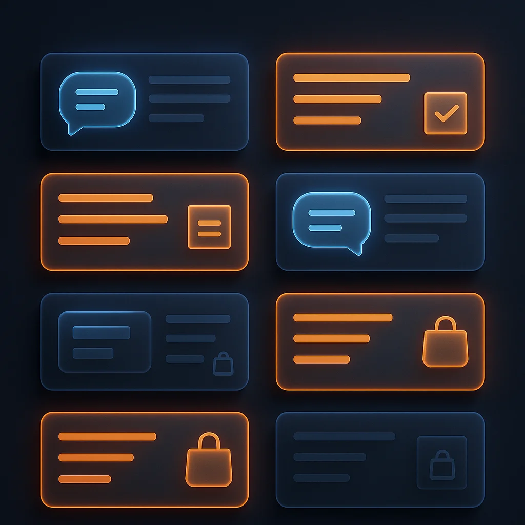 A clean concept illustration of glowing product cards with in‑stock badges on a dark background, no fox.