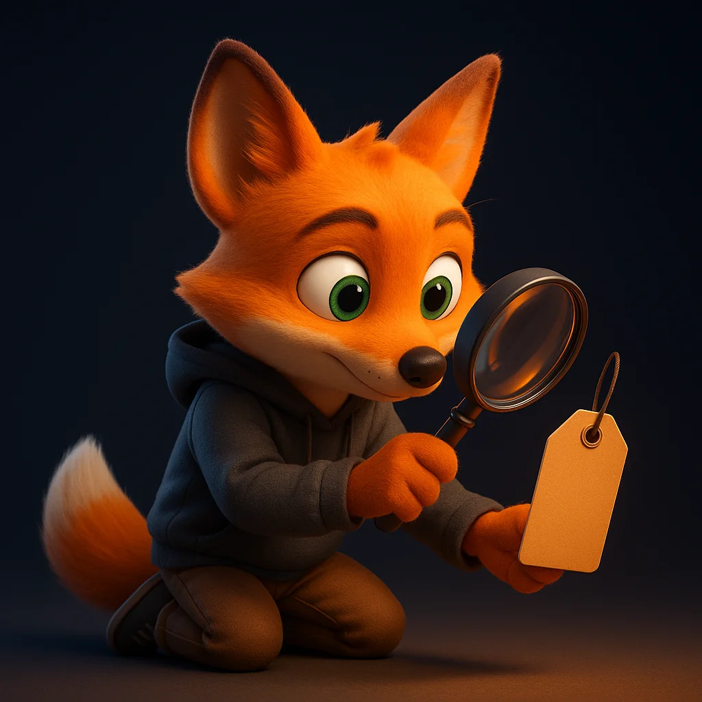 The FoxRadar fox mascot kneeling and inspecting a floating product tag with a magnifying glass.