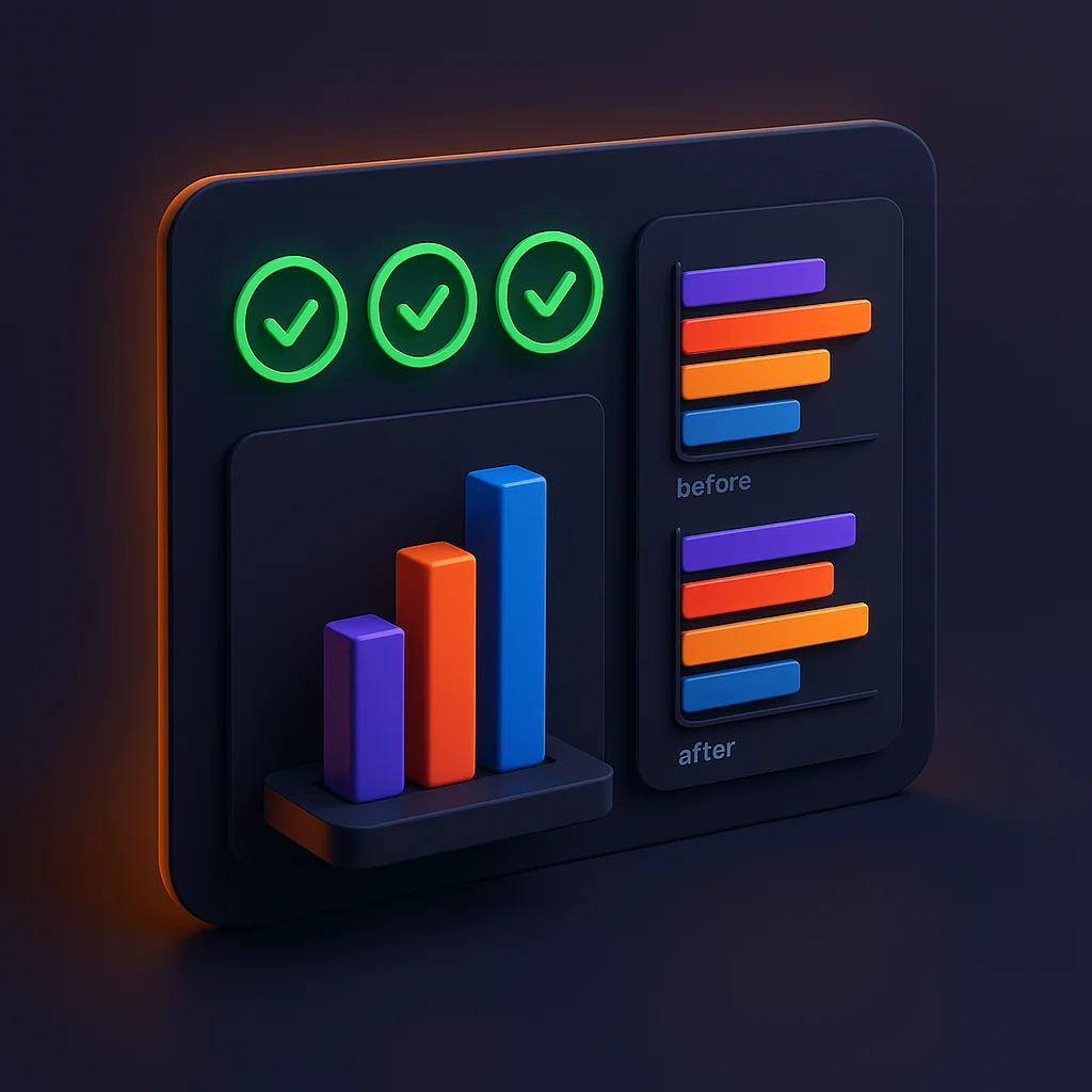 A clean concept illustration of a dashboard with rising AI visibility bars and a highlighted score on a dark background, no fox.