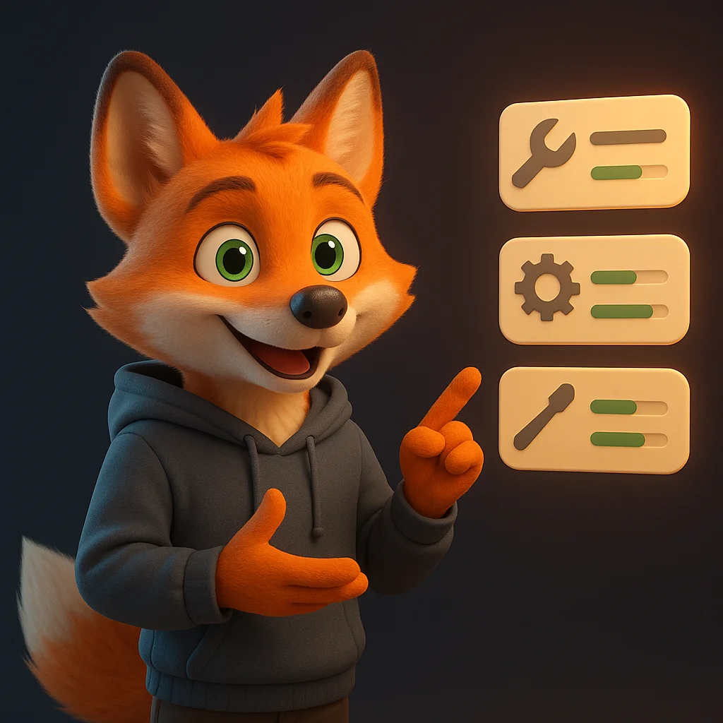 The FoxRadar fox mascot stands and points at floating equipment data cards, guiding the reader to show their tools clearly.
