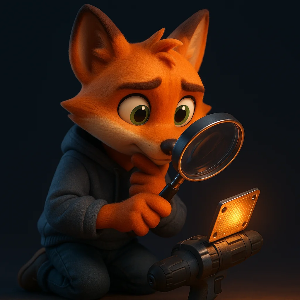 The FoxRadar fox mascot kneels and inspects a tool closely with a magnifying glass, focusing on proof and details.