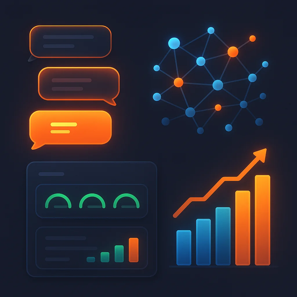 A clean concept image of a dashboard with bright visibility scores and connected nodes showing brand capability signals.