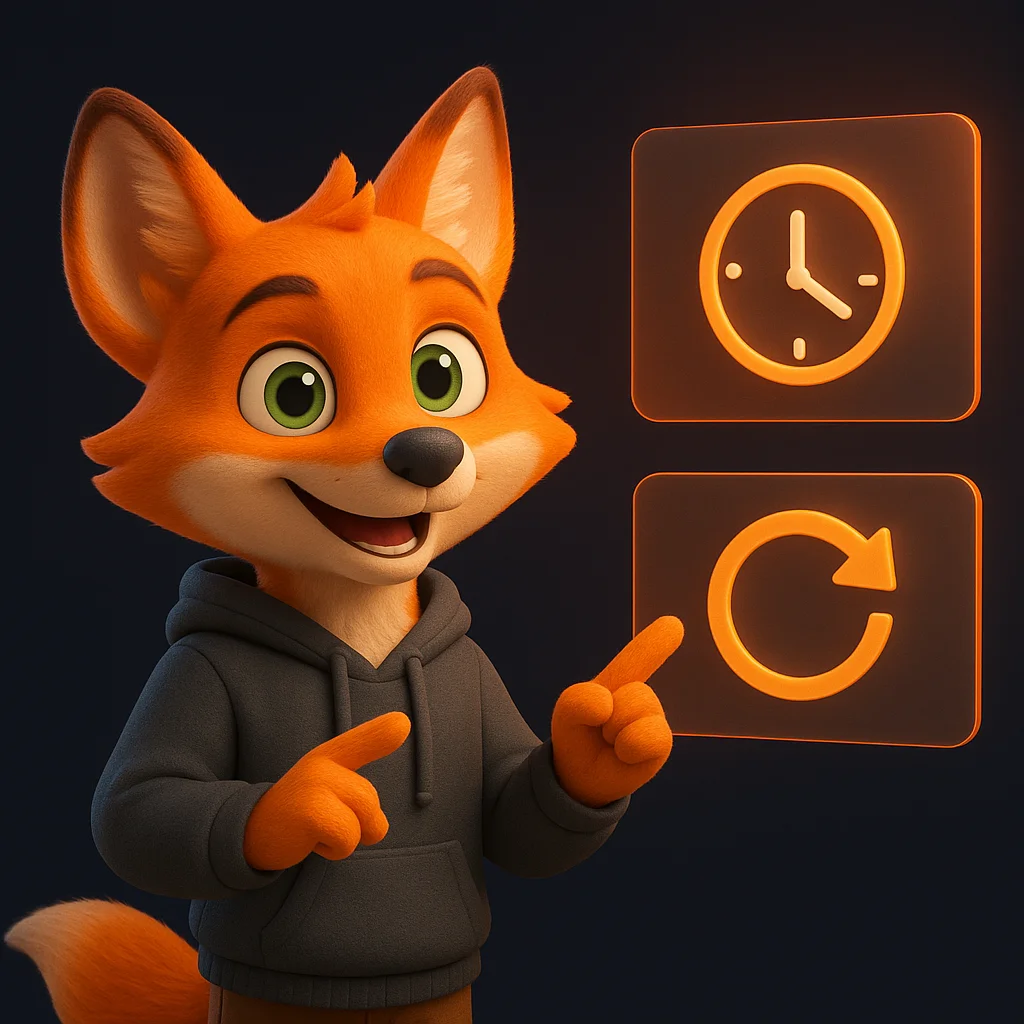The FoxRadar fox mascot stands and points at floating timing data icons, guiding the reader to publish clear response and turnaround times.