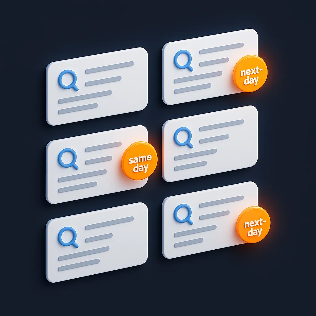A dark, clean concept illustration showing glowing search result cards with timing badges like same‑day and next‑day, no characters.