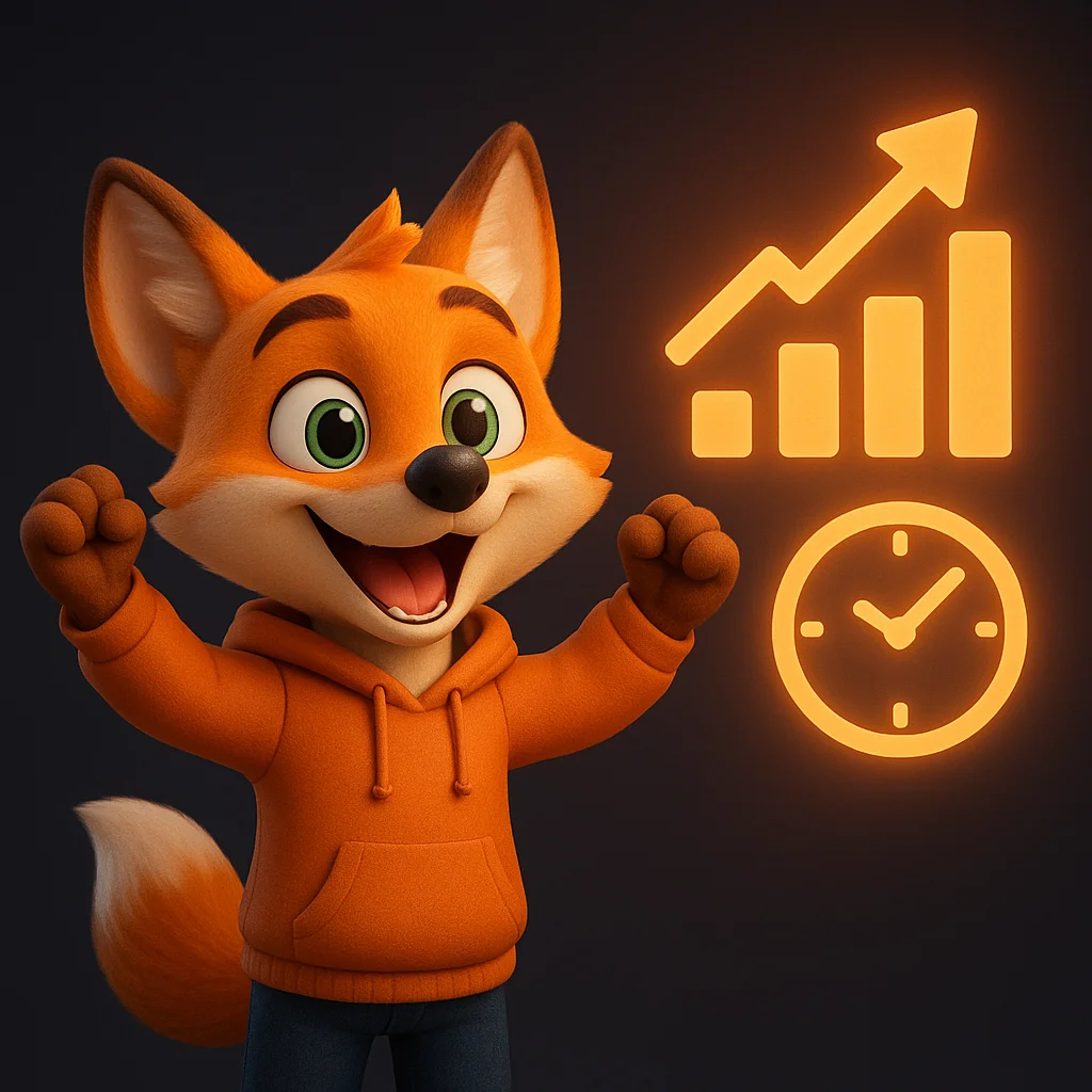 The FoxRadar fox mascot celebrates with arms raised next to a rising chart, showing improved visibility from clear timing statements.