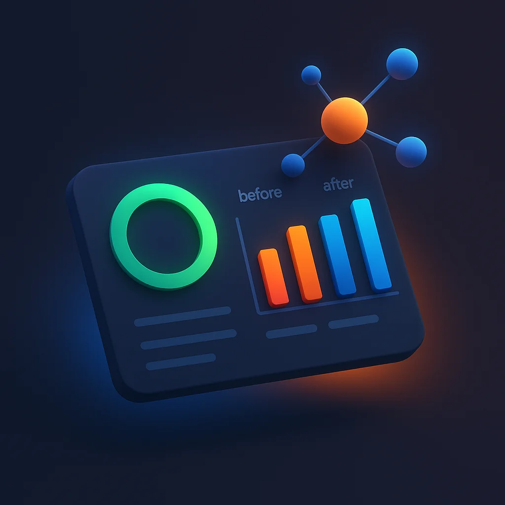 A clean concept illustration of a dashboard with bright visibility scores and timing metrics, showing before and after improvement.