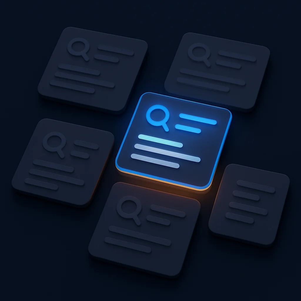 Abstract 3D screens showing layered cards with some dimmed and others highlighted to suggest allowed vs not allowed results, no text.