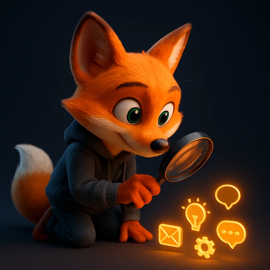 The FoxRadar fox mascot kneeling with a magnifying glass, carefully inspecting a small set of glowing icons to show precise reading.
