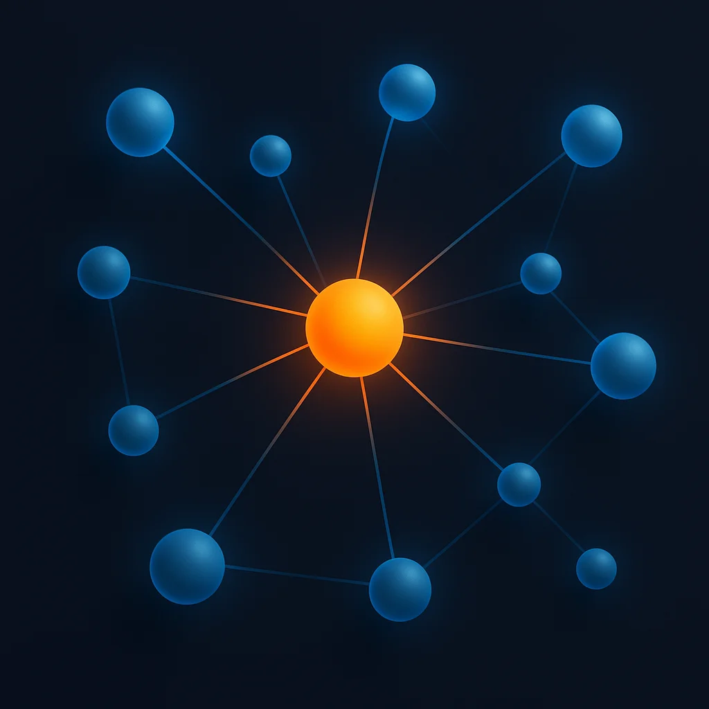 Abstract network of glowing interconnected nodes with one brighter central node standing out, no text.