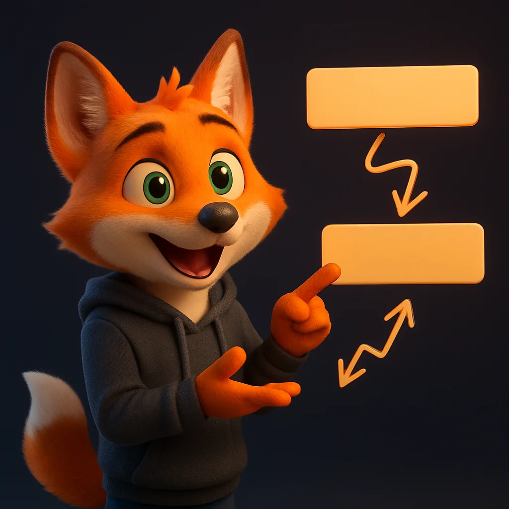 The FoxRadar fox mascot points at floating duplicate business names and arrows, explaining mix-ups.