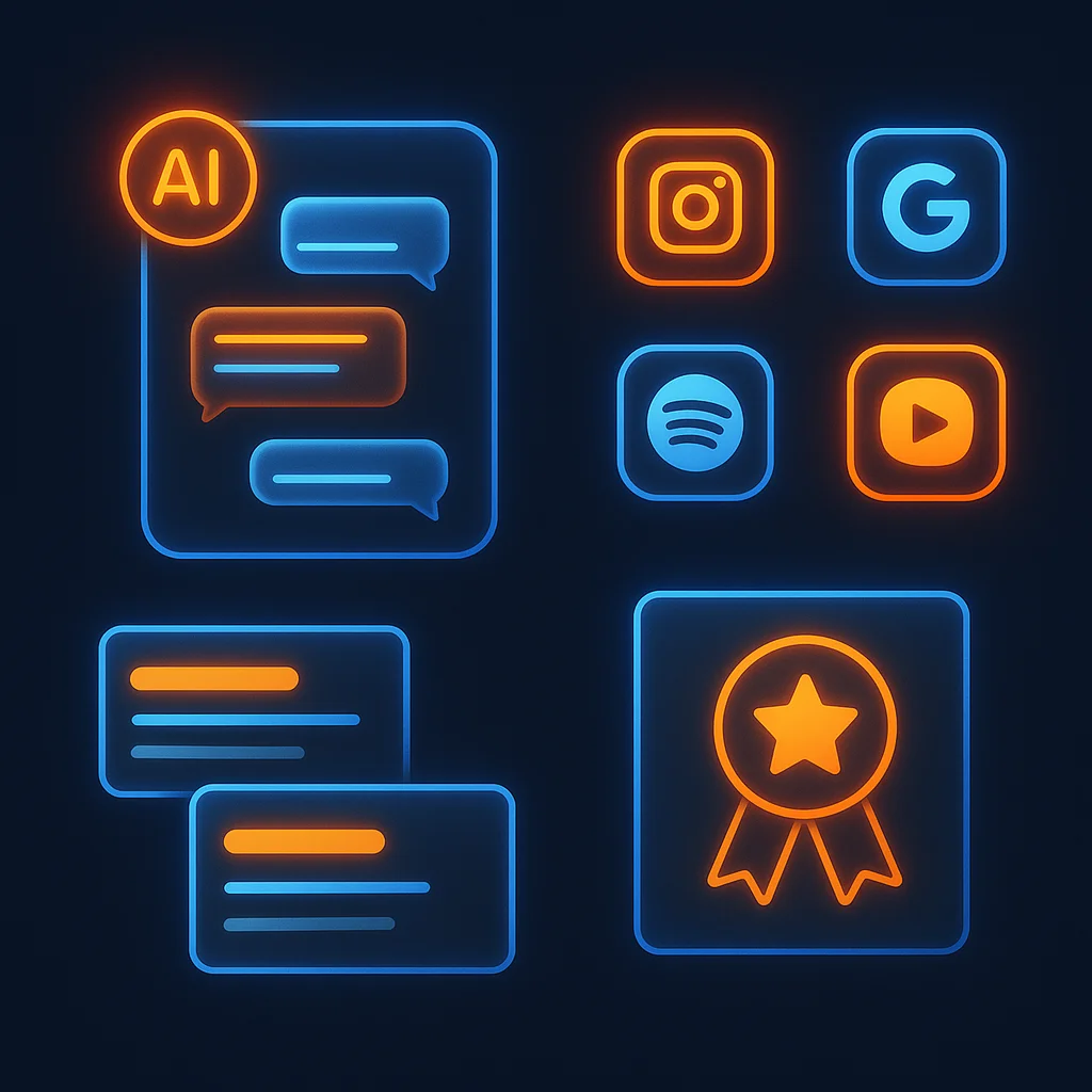 A clean 3D concept showing dark floating search result cards with one highlighted in orange.