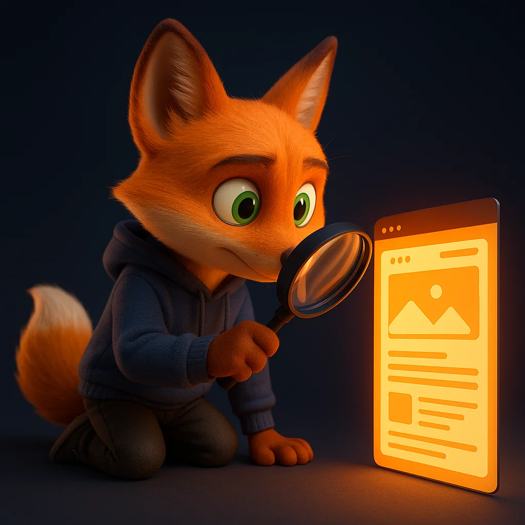 The FoxRadar fox mascot kneels and inspects a glowing web page with a magnifying glass.