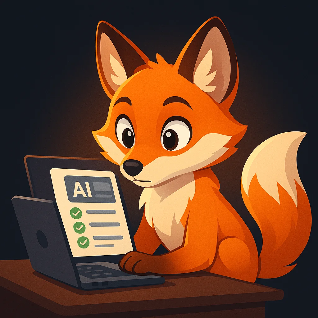 The FoxRadar fox mascot checks a laptop showing AI search results with shortlists and looks focused.