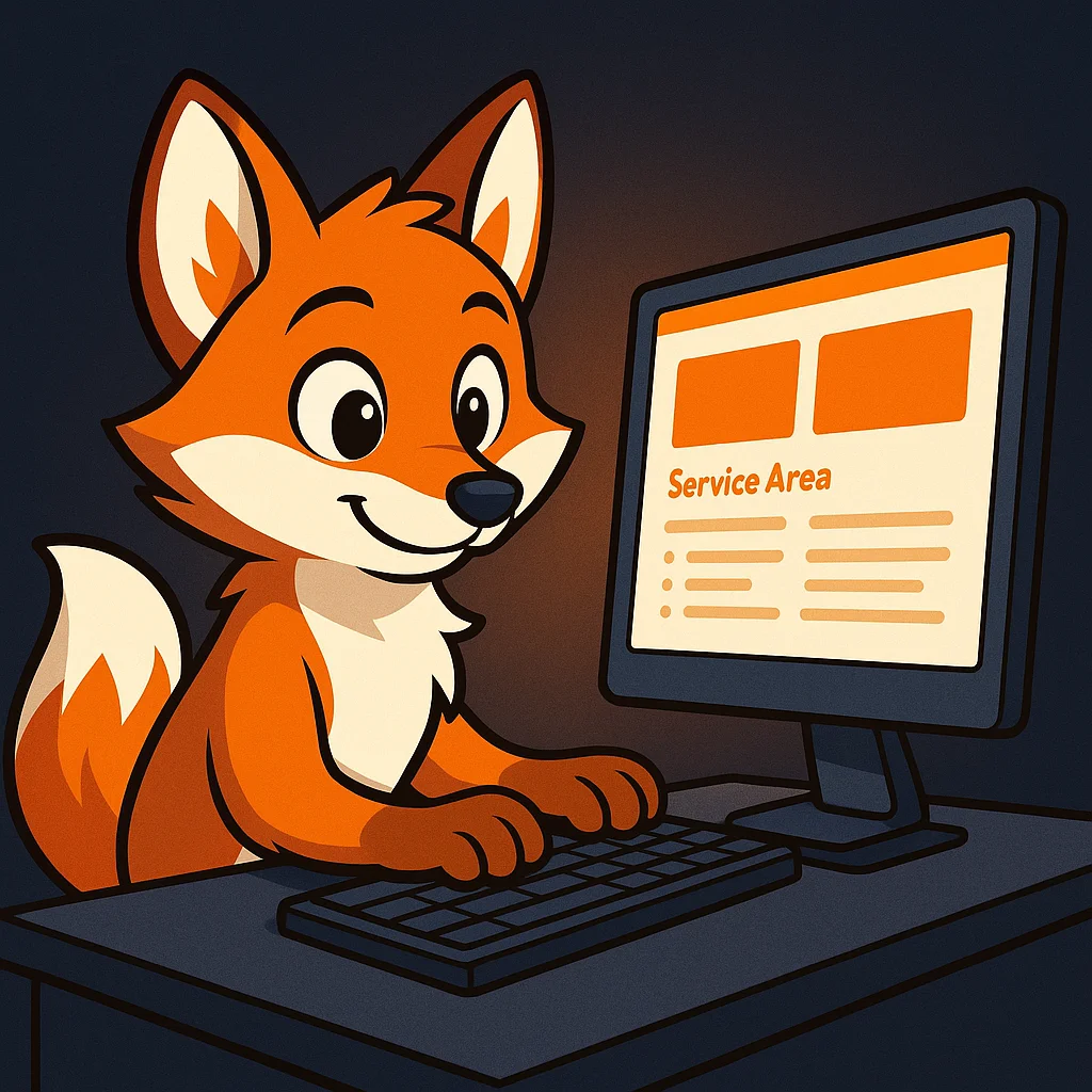 The FoxRadar fox mascot edits a website section titled Service Area and Who We Serve on a large monitor.