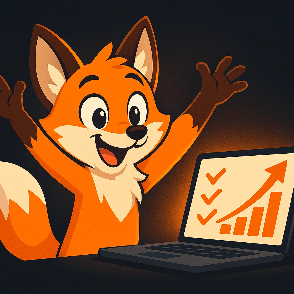 The FoxRadar fox mascot celebrates in front of a rising visibility chart on a laptop screen.