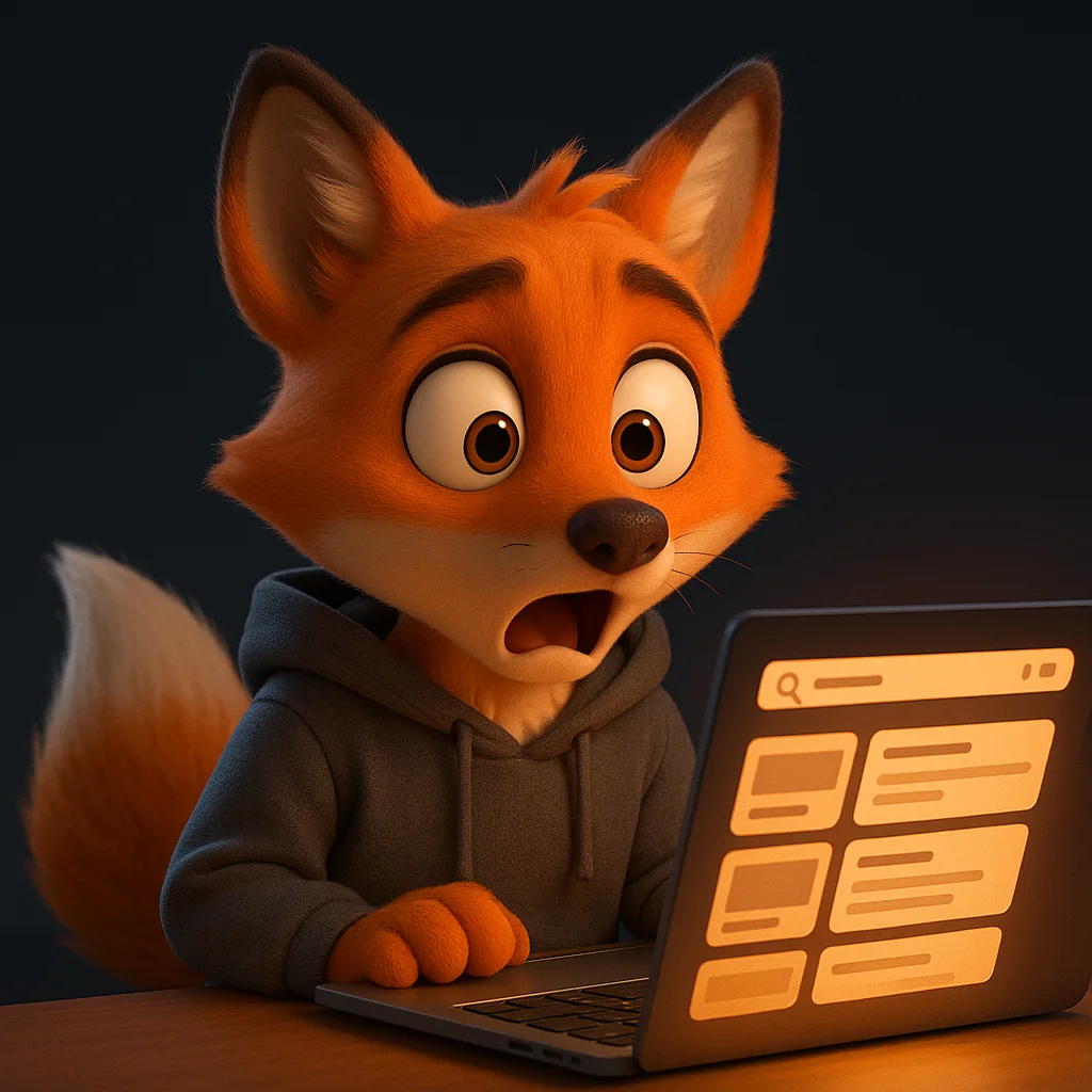 The FoxRadar fox mascot looking at a laptop and noticing a brand is missing from AI results
