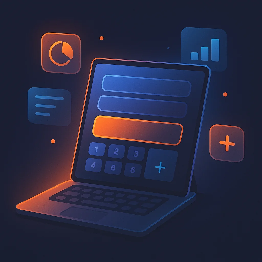 A clean concept illustration of a laptop screen showing a simple online calculator interface with glowing inputs and results