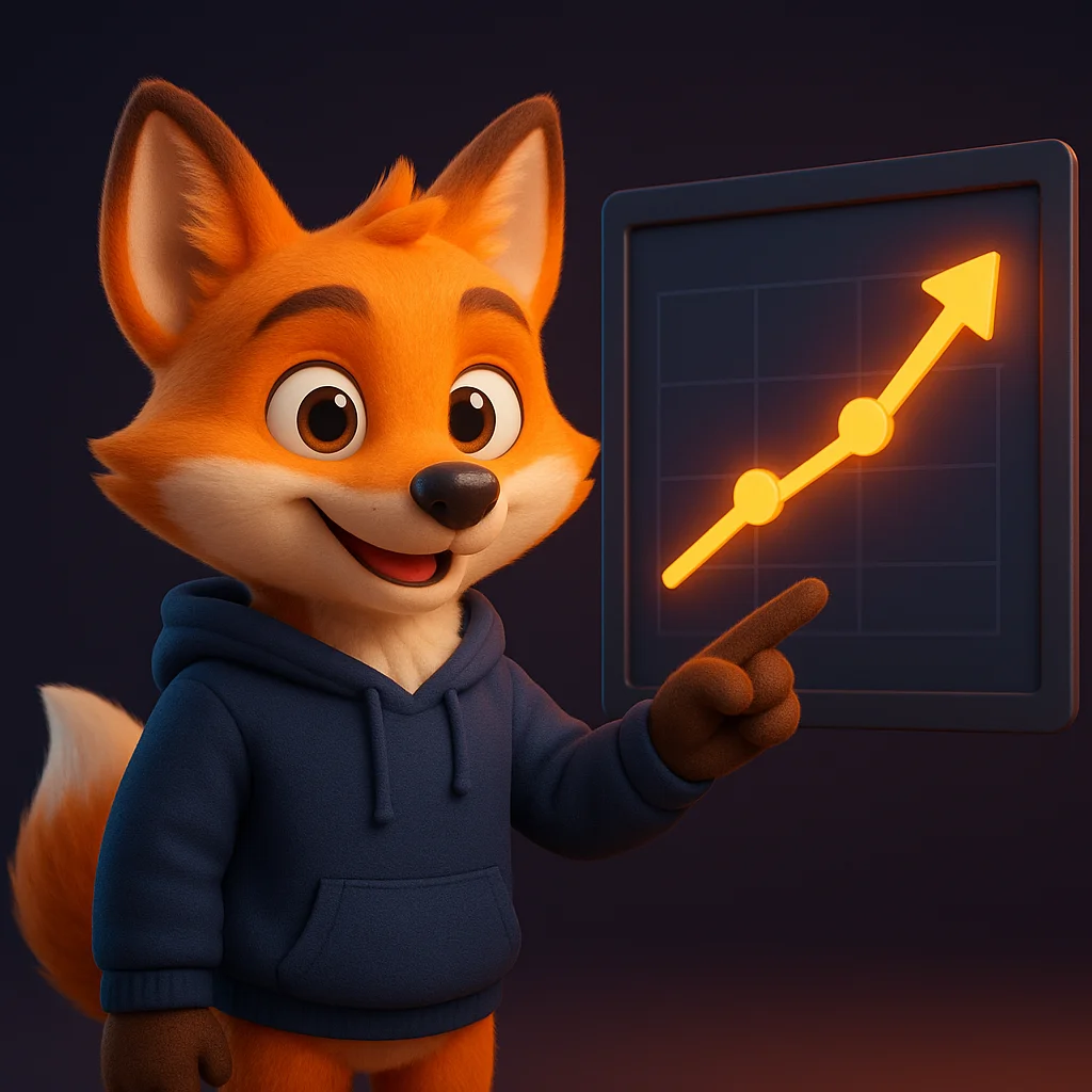 The FoxRadar fox mascot pointing at a rising visibility chart on a large screen with a confident smile