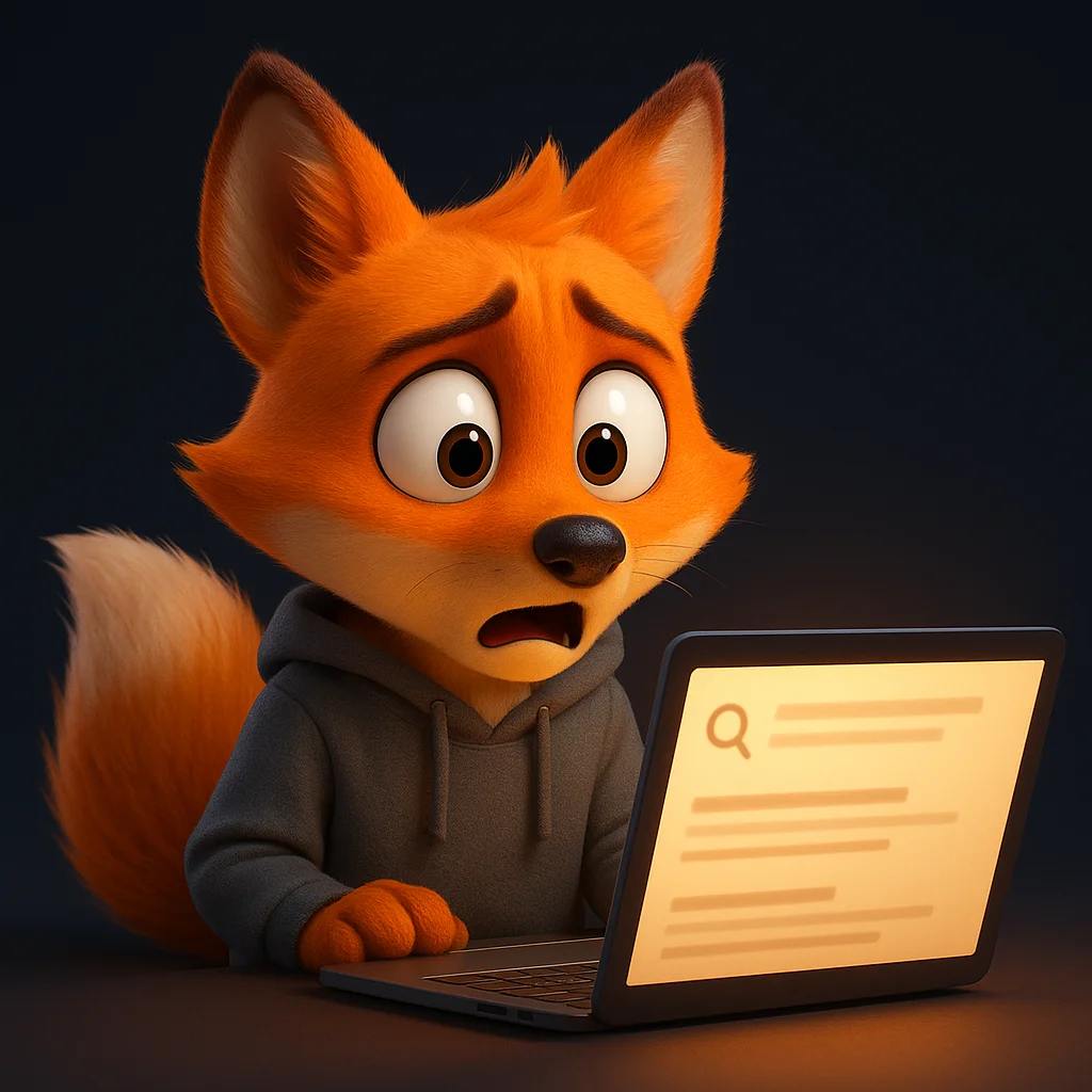 The FoxRadar fox mascot looking surprised at a laptop screen that shows an AI answer without the reader’s brand