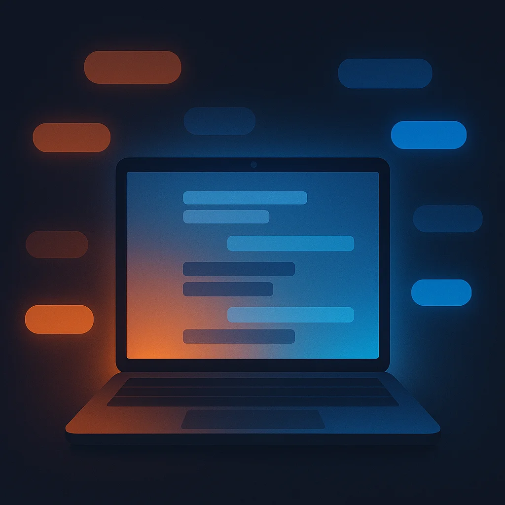 A clean concept illustration of a laptop screen with a search bar and floating use case phrases like “time tracking for small team”