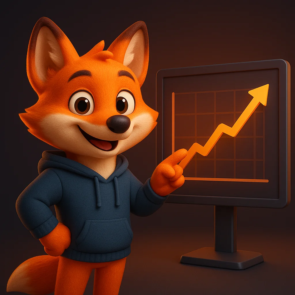 The FoxRadar fox mascot pointing at a simple chart that shows rising mentions after publishing use case pages