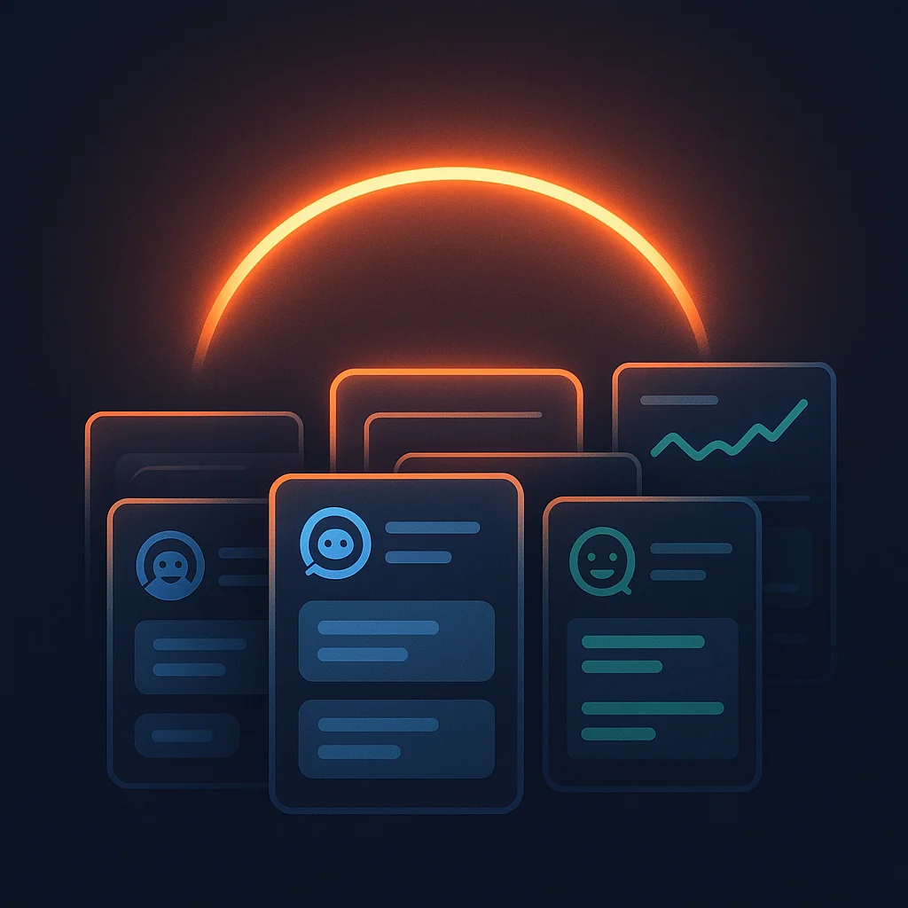 A clean concept illustration of a dashboard with green visibility scores and a glowing brand name above AI chat windows
